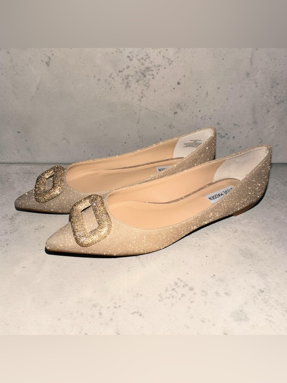 Steve Madden Glitter Gold Pointed Flats with Crystal Buckle